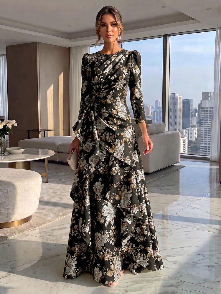 Jacquard A-Line Crew Neck Formal Dresses with Ruffles