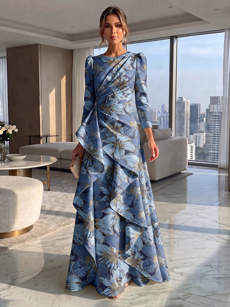 Jacquard A-Line Crew Neck Formal Dresses with Ruffles