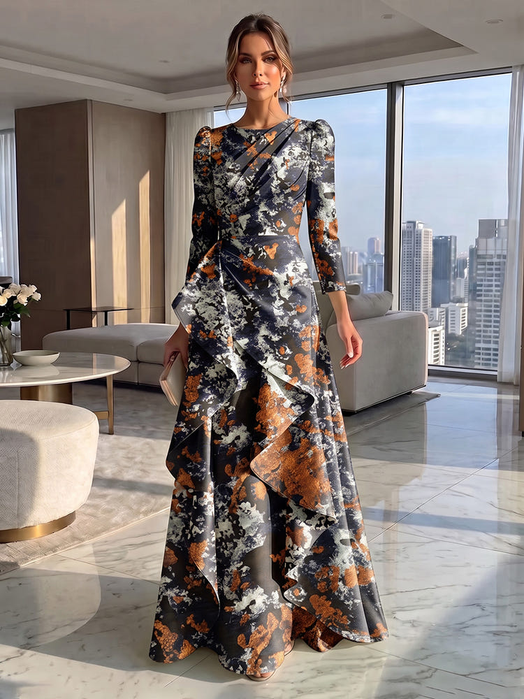 Jacquard A-Line Crew Neck Formal Dresses with Ruffles