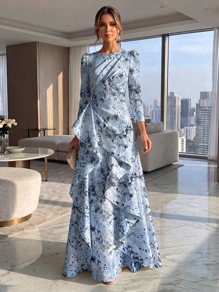Jacquard A-Line Crew Neck Formal Dresses with Ruffles