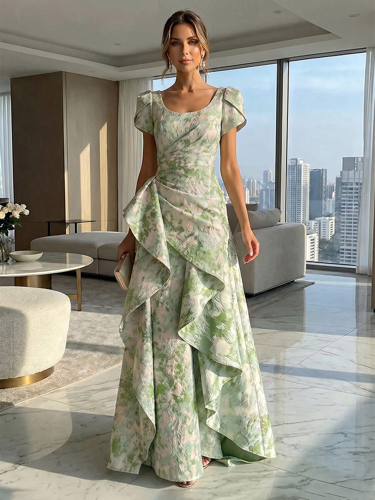 Jacquard A-Line U-Neck Formal Dresses with Ruffles