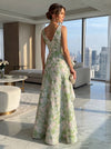 Jacquard V Neck Pleated Formal Dresses with Ruffles