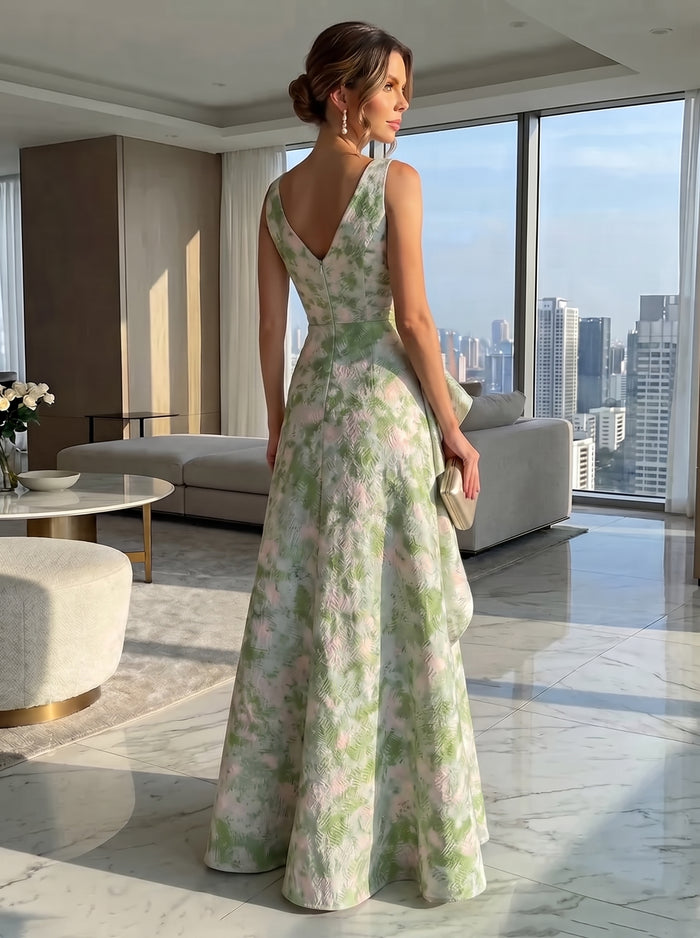 Jacquard V Neck Pleated Formal Dresses with Ruffles