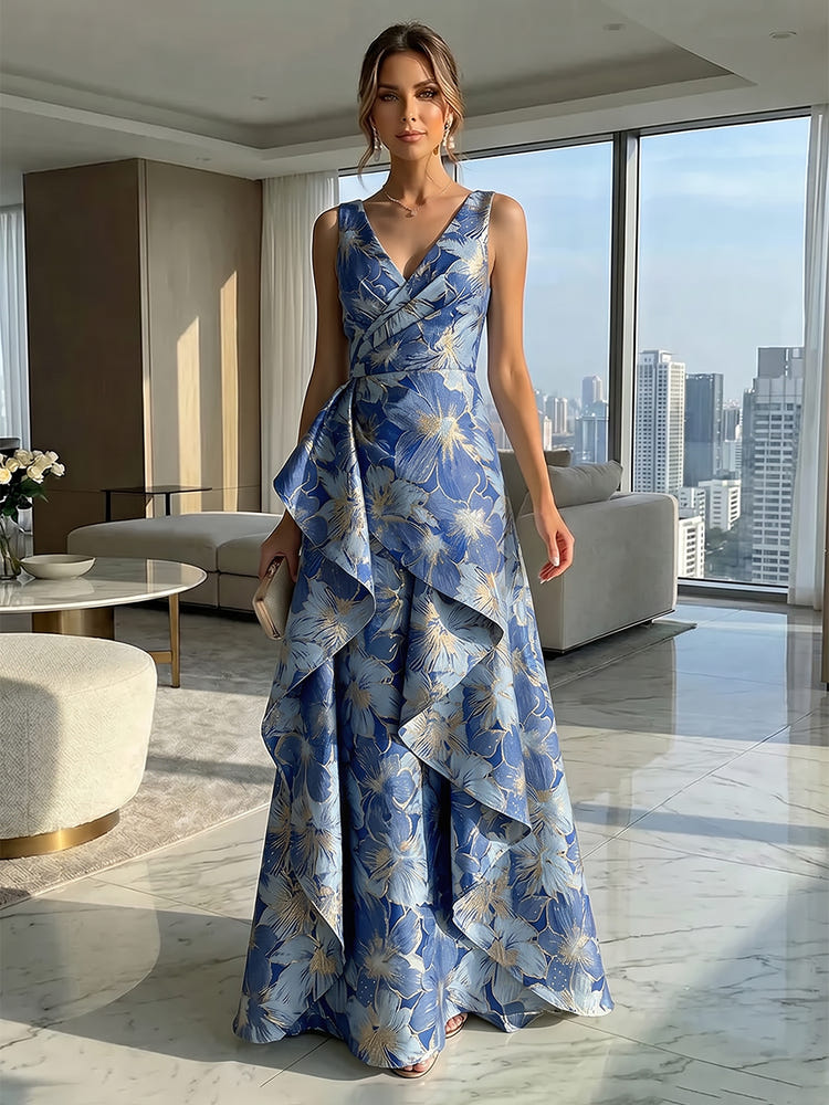 Jacquard V Neck Pleated Formal Dresses with Ruffles