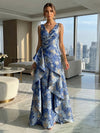 Jacquard V Neck Pleated Formal Dresses with Ruffles