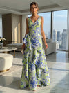 Jacquard V Neck Pleated Formal Dresses with Ruffles