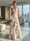 Jacquard V Neck Pleated Formal Dresses with Ruffles