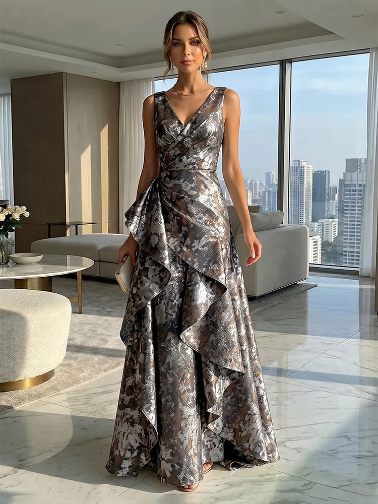 Jacquard V Neck Pleated Formal Dresses with Ruffles