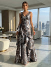 Jacquard V Neck Pleated Formal Dresses with Ruffles