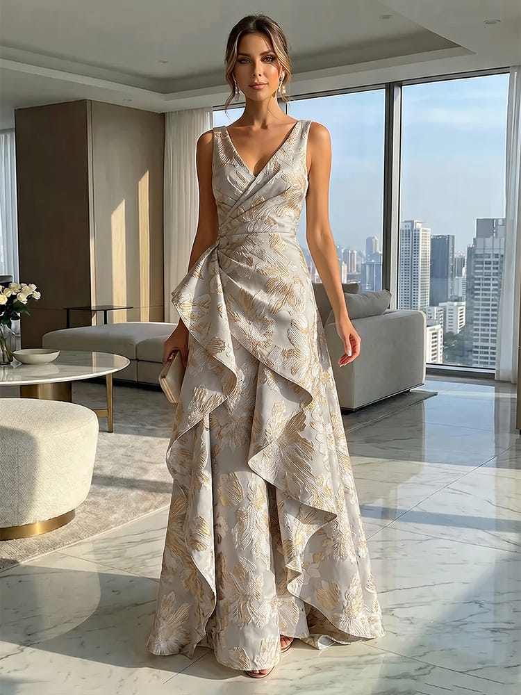 Jacquard V Neck Pleated Formal Dresses with Ruffles