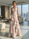 Jacquard V Neck Pleated Formal Dresses with Ruffles