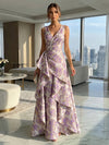 Jacquard V Neck Pleated Formal Dresses with Ruffles