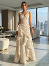 Jacquard V Neck Pleated Formal Dresses with Ruffles