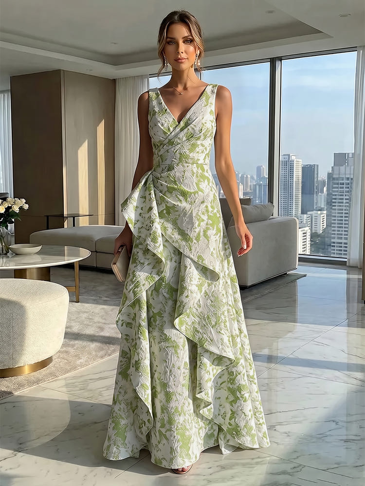 Jacquard V Neck Pleated Formal Dresses with Ruffles