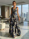 Jacquard V Neck Pleated Formal Dresses with Ruffles
