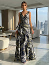 Jacquard V Neck Pleated Formal Dresses with Ruffles