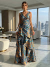 Jacquard V Neck Pleated Formal Dresses with Ruffles
