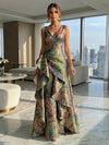 Jacquard V Neck Pleated Formal Dresses with Ruffles