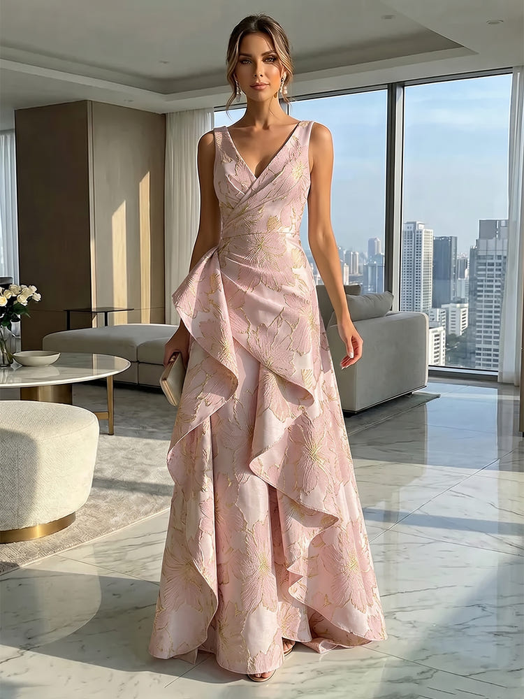 Jacquard V Neck Pleated Formal Dresses with Ruffles