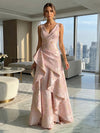 Jacquard V Neck Pleated Formal Dresses with Ruffles