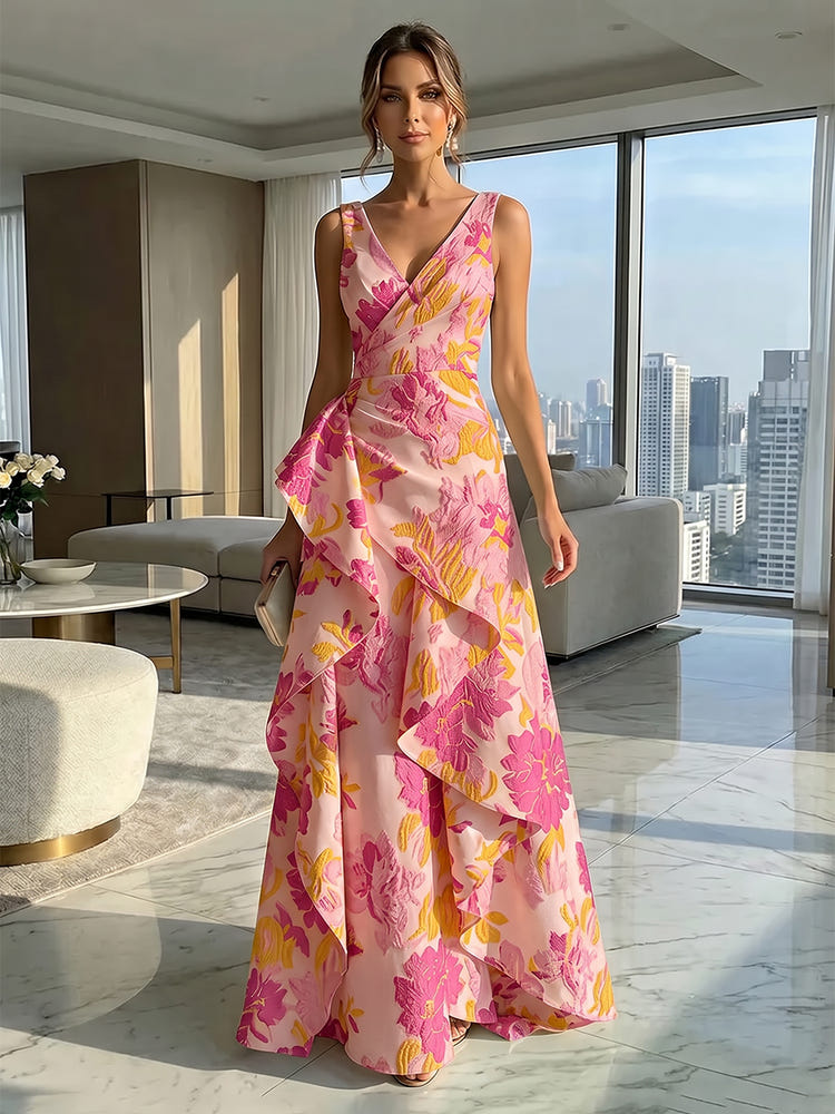 Jacquard V Neck Pleated Formal Dresses with Ruffles