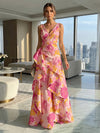 Jacquard V Neck Pleated Formal Dresses with Ruffles