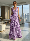 Jacquard V Neck Pleated Formal Dresses with Ruffles