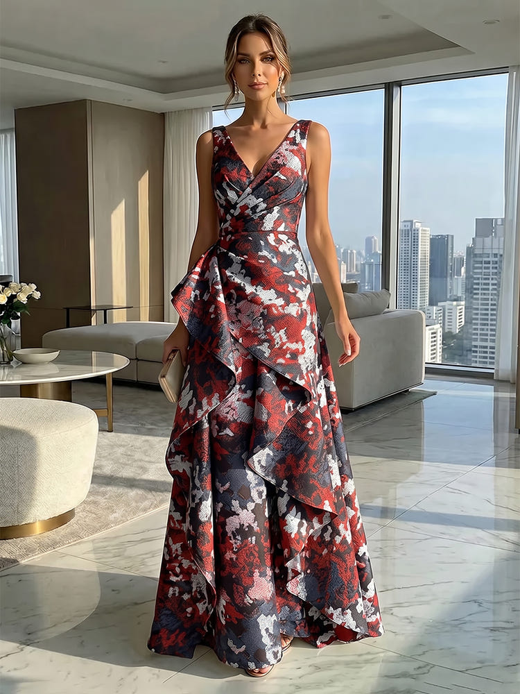 Jacquard V Neck Pleated Formal Dresses with Ruffles