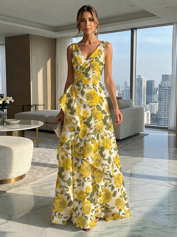 Jacquard V Neck Pleated Formal Dresses with Ruffles