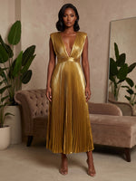 Metallic Foil Chiffon A-Line V Neck Formal Dresses with Delicate Pleated