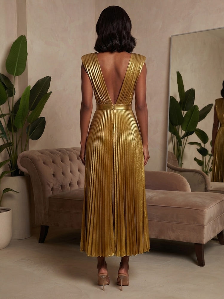 Metallic Foil Chiffon A-Line V Neck Formal Dresses with Delicate Pleated