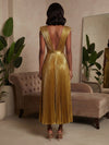 Metallic Foil Chiffon A-Line V Neck Formal Dresses with Delicate Pleated