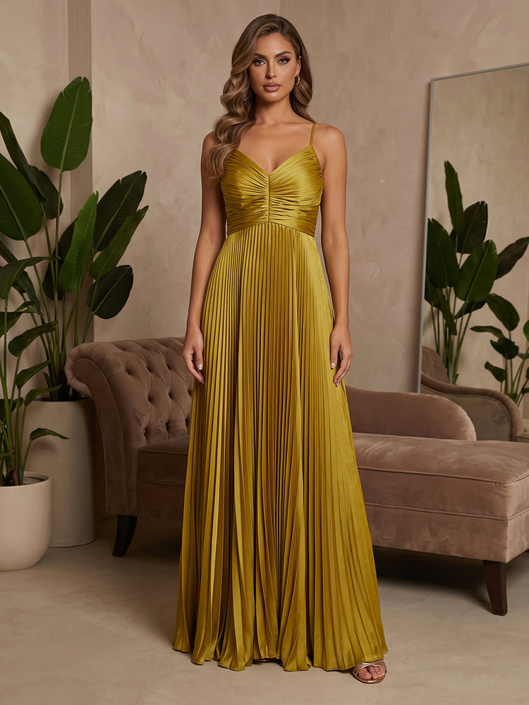 Metallic Foil Chiffon A-Line Spaghetti Straps Formal Dresses with Delicate Pleated