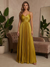 Metallic Foil Chiffon A-Line Spaghetti Straps Formal Dresses with Delicate Pleated