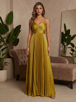 Metallic Foil Chiffon A-Line Spaghetti Straps Formal Dresses with Delicate Pleated