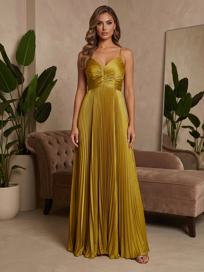 Metallic Foil Chiffon A-Line Spaghetti Straps Formal Dresses with Delicate Pleated