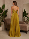 Metallic Foil Chiffon A-Line Spaghetti Straps Formal Dresses with Delicate Pleated