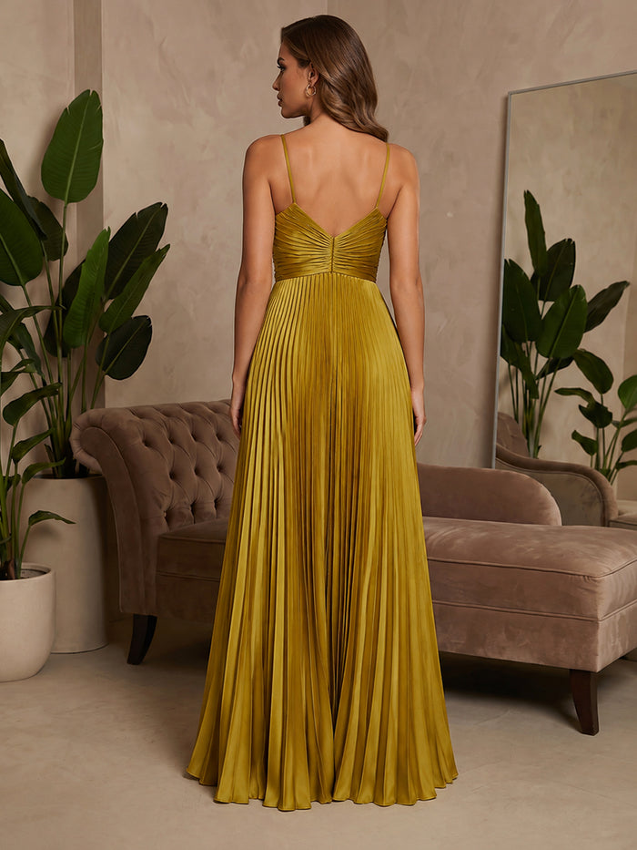 Metallic Foil Chiffon A-Line Spaghetti Straps Formal Dresses with Delicate Pleated
