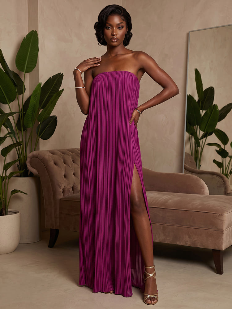 Metallic Foil Chiffon A-Line Strapless Formal Dresses with Side Slit