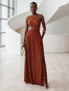 Metallic Foil Chiffon A-Line One Shoulder Formal Dresses with Keyhole