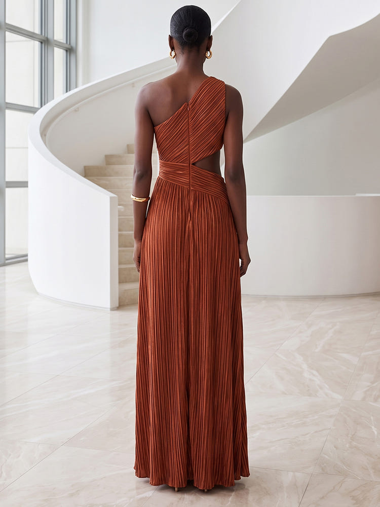 Metallic Foil Chiffon A-Line One Shoulder Formal Dresses with Keyhole