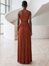 Metallic Foil Chiffon A-Line One Shoulder Formal Dresses with Keyhole