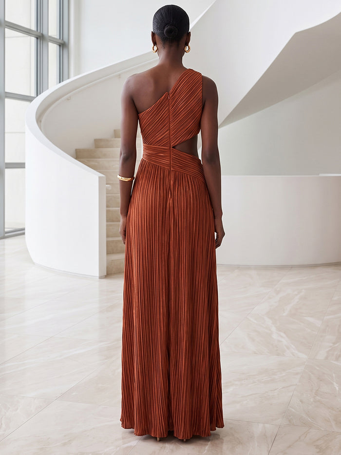 Metallic Foil Chiffon A-Line One Shoulder Formal Dresses with Keyhole