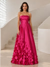 Satin A-Line Strapless Formal Dresses with Gradient 3D Circular Petal Appliques