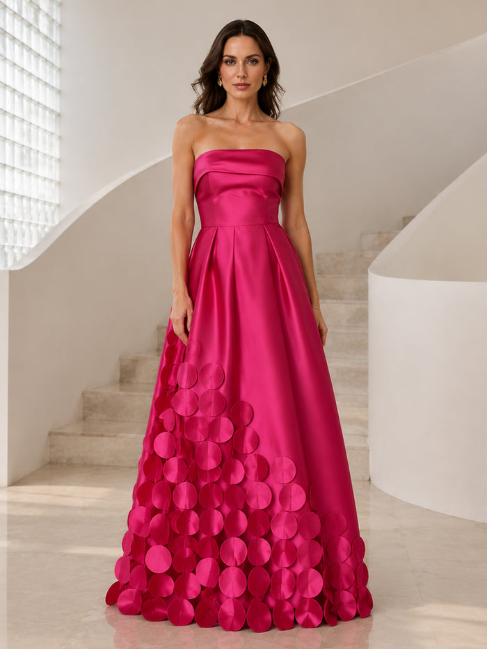 Satin A-Line Strapless Formal Dresses with Gradient 3D Circular Petal Appliques