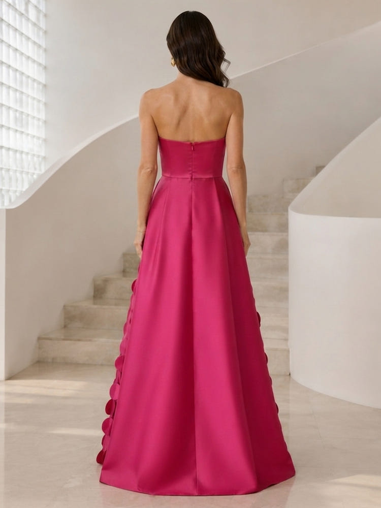 Satin A-Line Strapless Formal Dresses with Gradient 3D Circular Petal Appliques