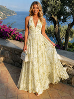 Chiffon A-Line Halter Formal Dresses with Deep V Neck