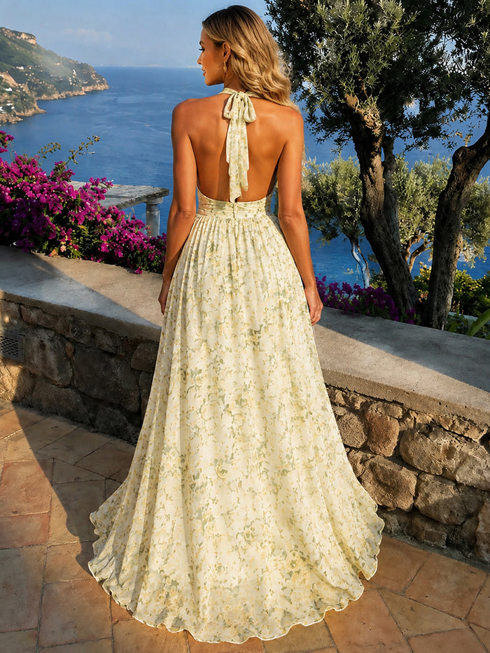 Chiffon A-Line Halter Formal Dresses with Deep V Neck