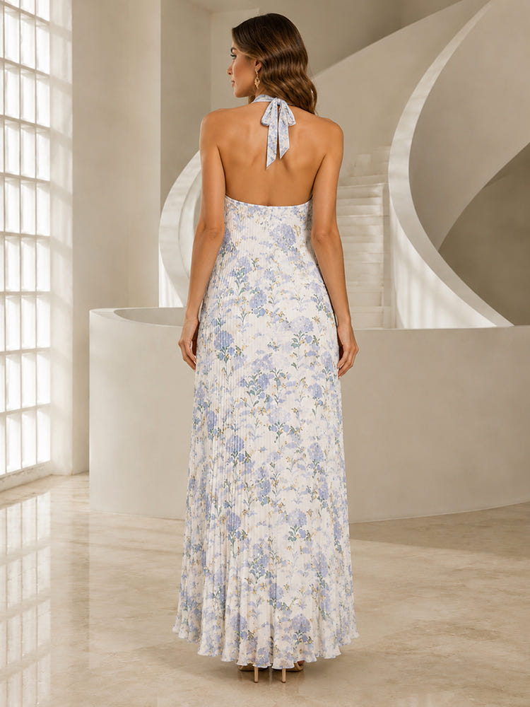 Chiffon A-Line Halter Formal Dresses with Floral Print