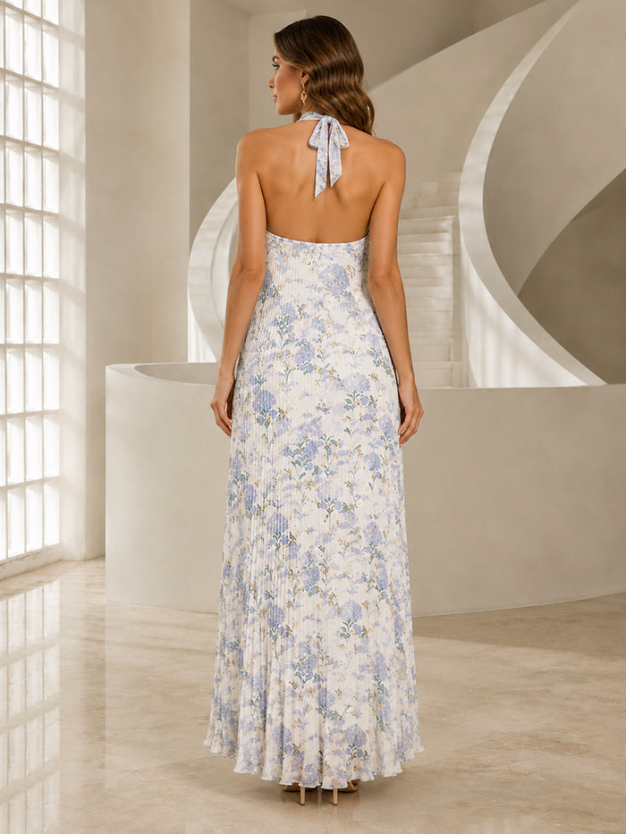 Chiffon A-Line Halter Formal Dresses with Floral Print
